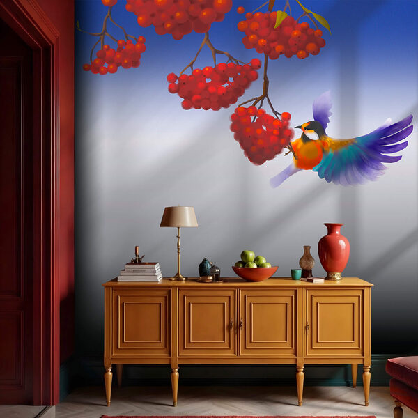 Uccello che mangia un grappolo di bacche rosse