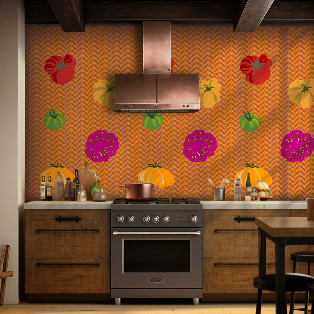 Gruppo di pomodori su una superficie intrecciata