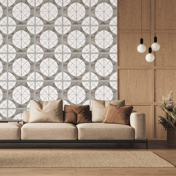 Motivo di cerchi bianchi e quadrati grigi