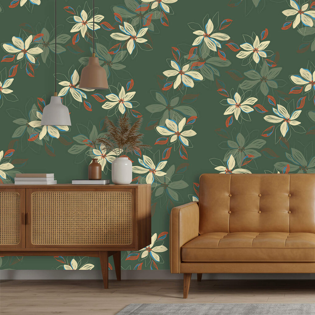 Motivo di fiori bianchi e foglie rosse su sfondo verde