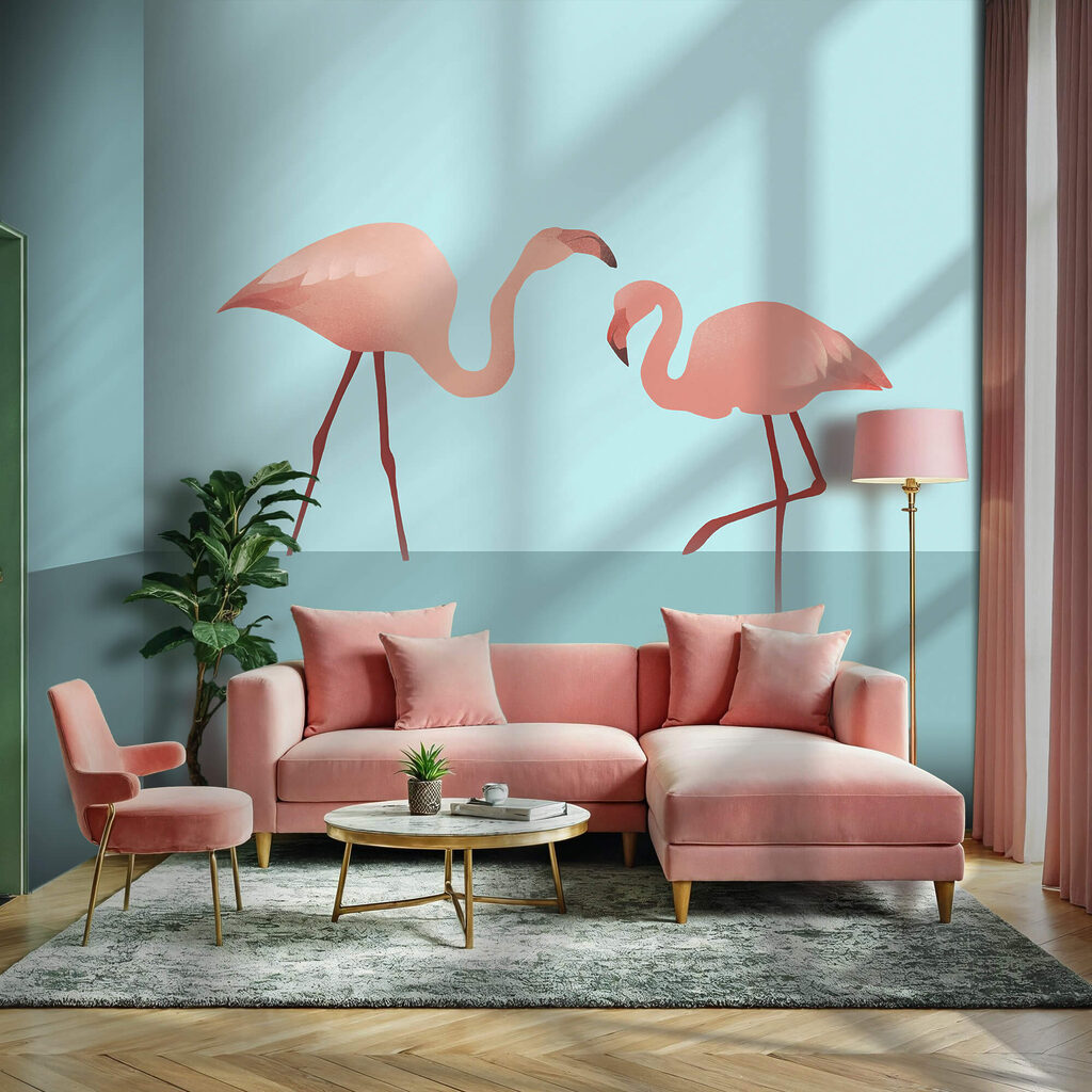 Gruppo di fenicotteri in piedi nell'acqua