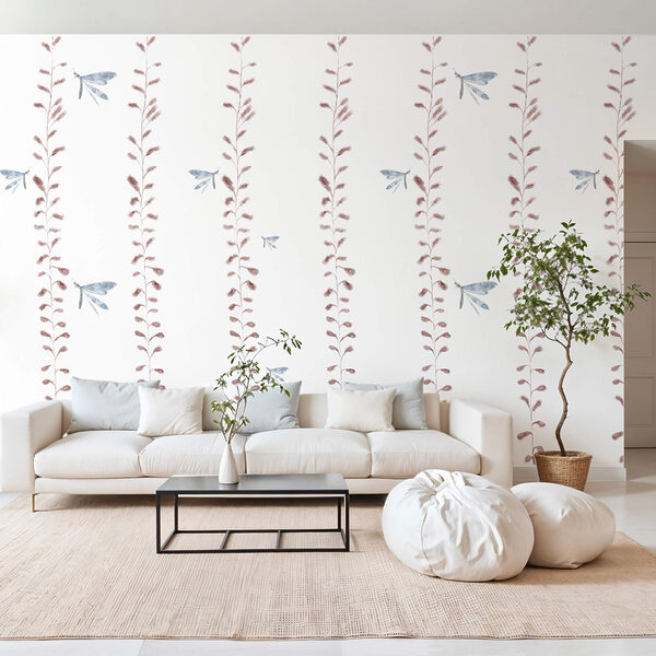 Carta da parati con libellule e foglie