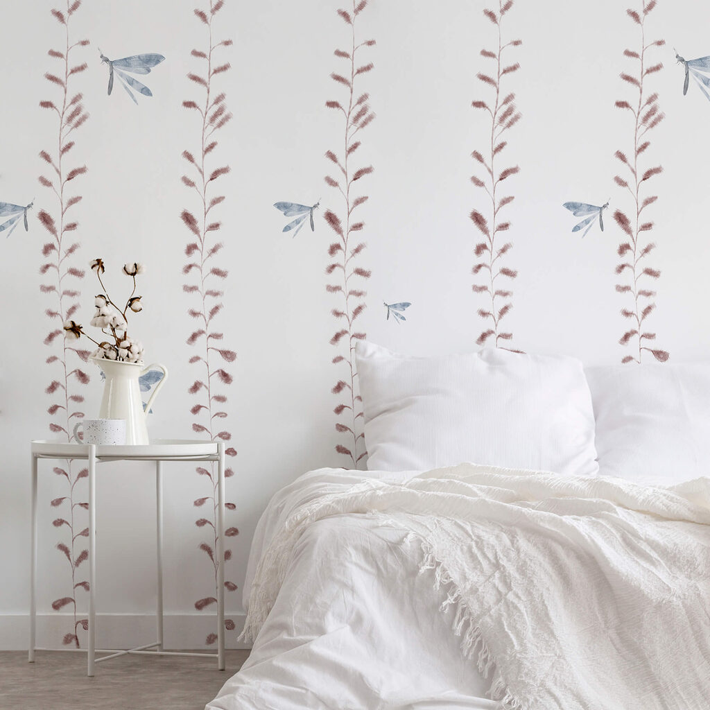 Carta da parati con libellule e foglie