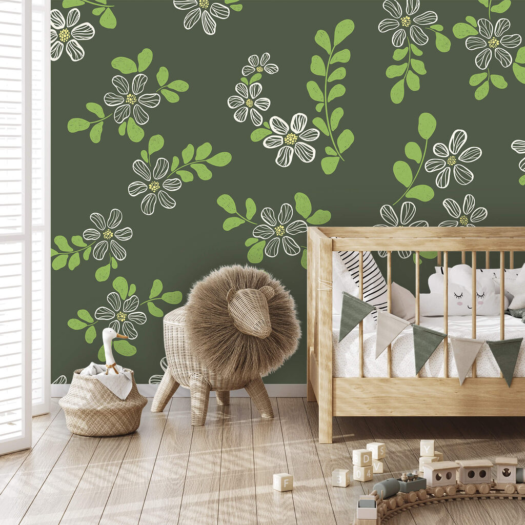 Motivo con fiori bianchi e foglie verdi