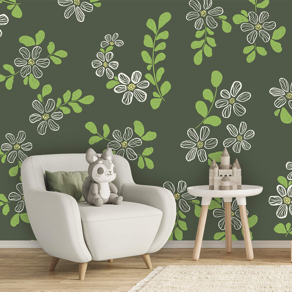 Motivo con fiori bianchi e foglie verdi