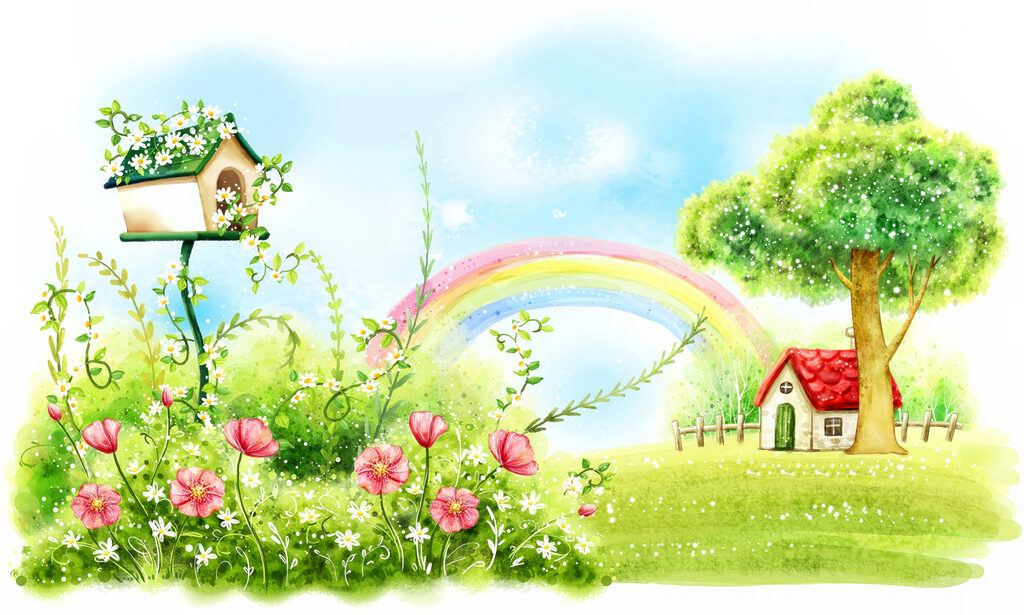 Rainbow and flowers in a green field