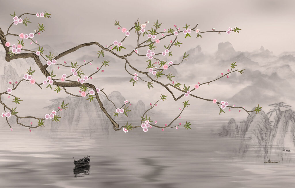 Tree branch with pink flowers on it