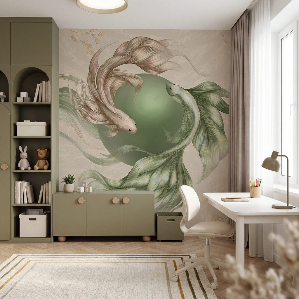 Disegno di un pesce con una palla verde Disegno di un pesce con una palla verde