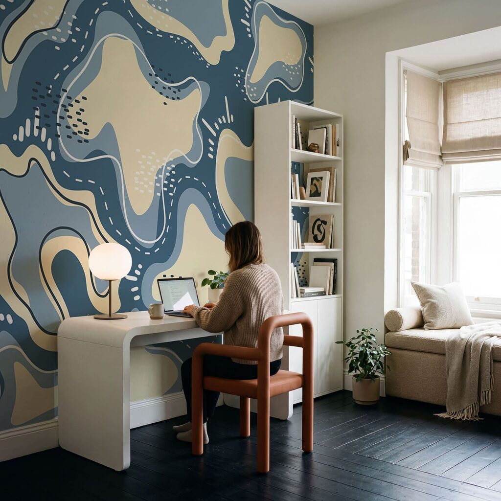 Sfondo blu e bianco con forme bianche e gialle