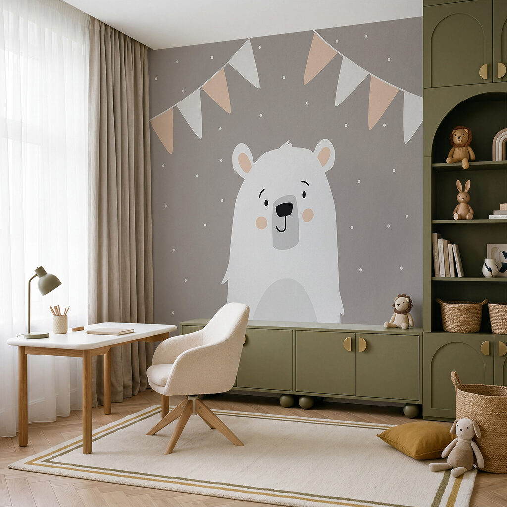 Orso bianco con una ghirlanda di bandierine