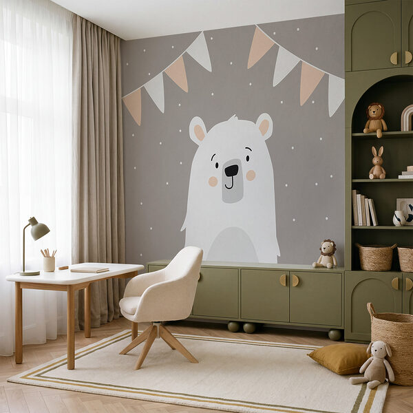 Orso bianco con una ghirlanda di bandierine