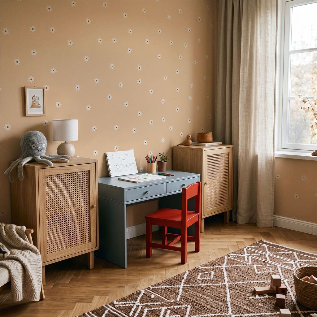 Motivo di piccoli fiori bianchi su sfondo color cuoio