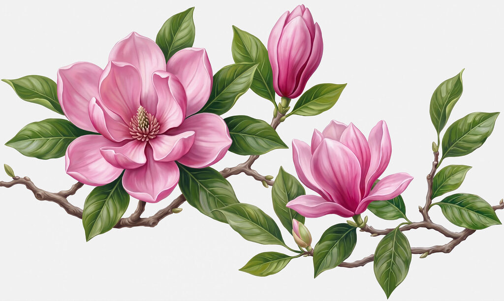 Group of pink flowers with green leaves Group of pink flowers with green leaves