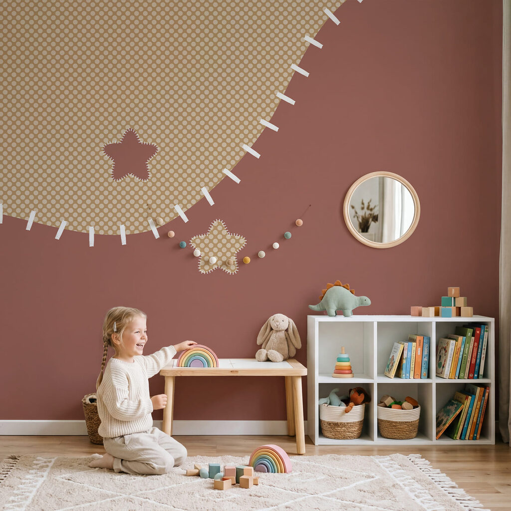 Tessuto marrone e beige con cuciture bianche