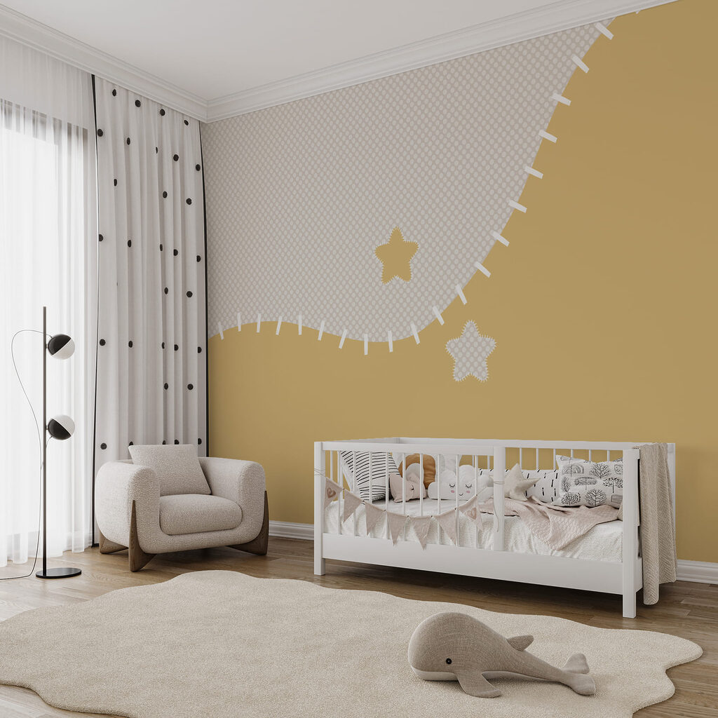 Tessuto bianco e giallo con stelle