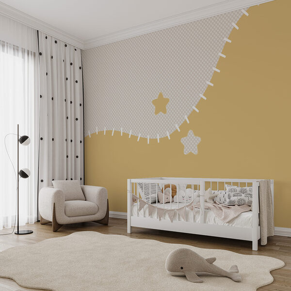 Tessuto bianco e giallo con stelle