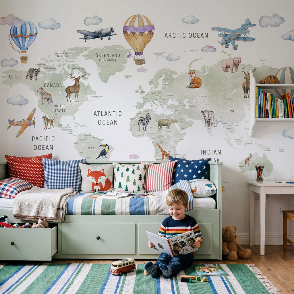 Mappa del mondo con animali e uccelli Mappa del mondo con animali e uccelli