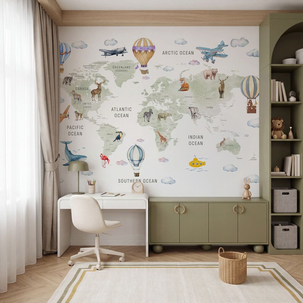 Mappa del mondo con animali e uccelli Mappa del mondo con animali e uccelli