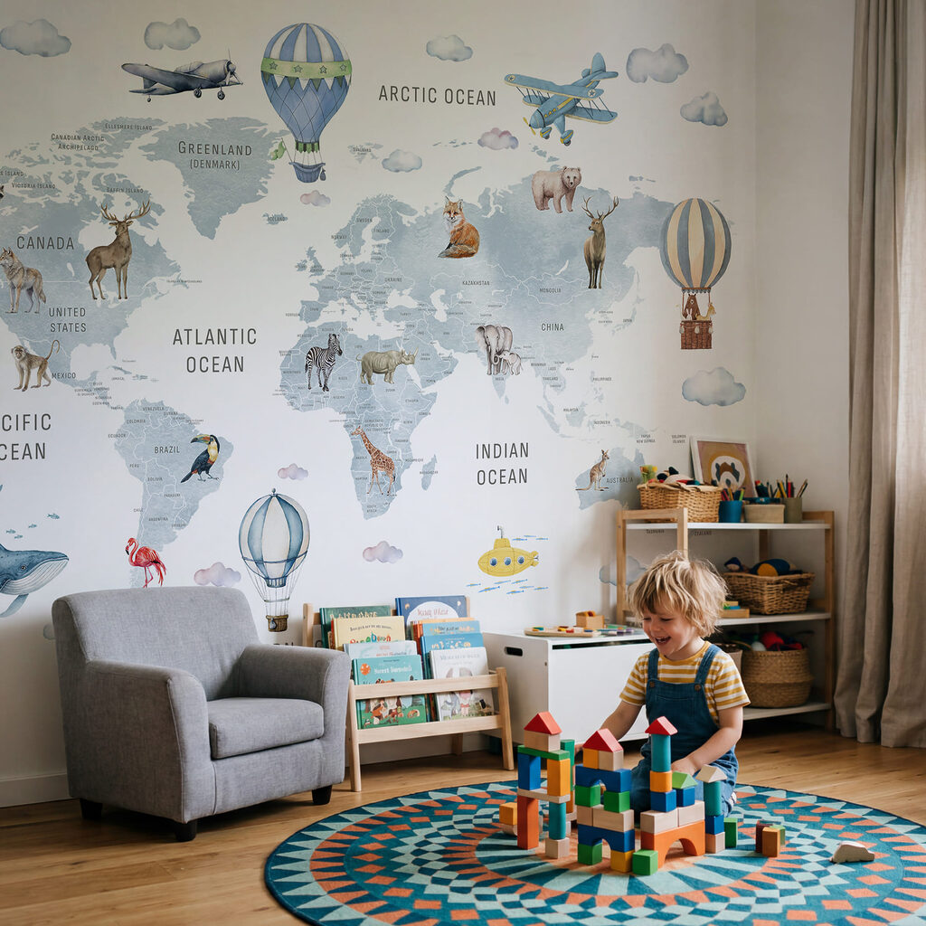 Mappa del mondo con animali e uccelli