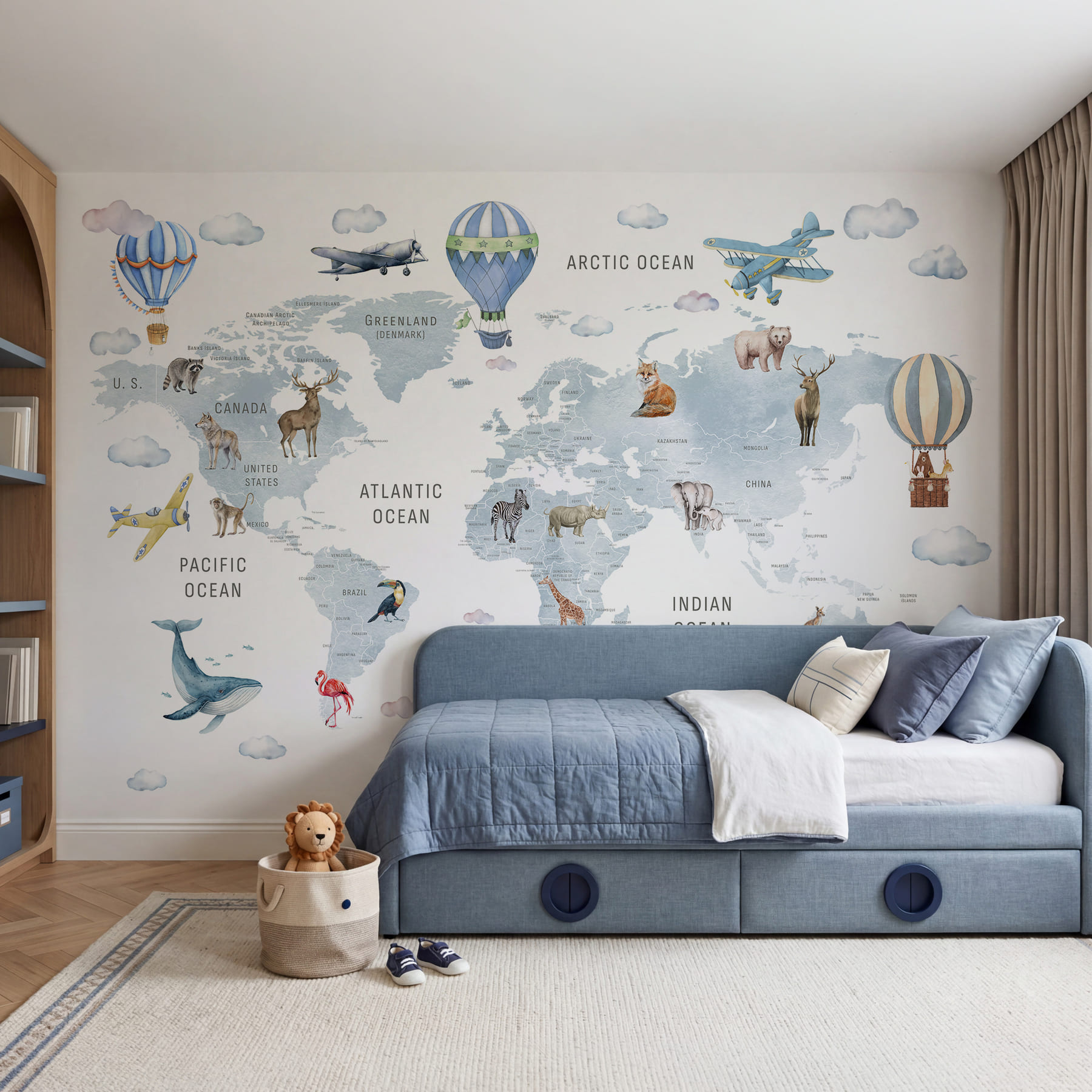 Mappa del mondo con animali e uccelli