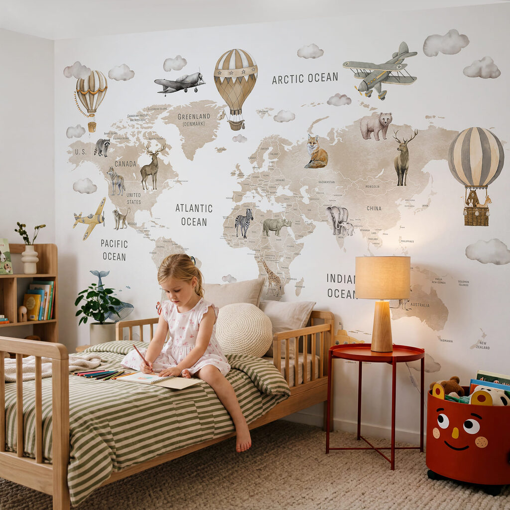 Mappa del mondo con animali e mongolfiere Mappa del mondo con animali e mongolfiere