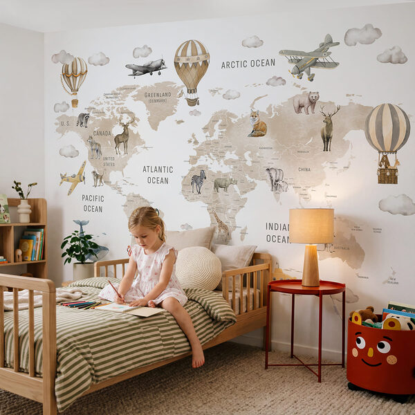 Mappa del mondo con animali e mongolfiere Mappa del mondo con animali e mongolfiere