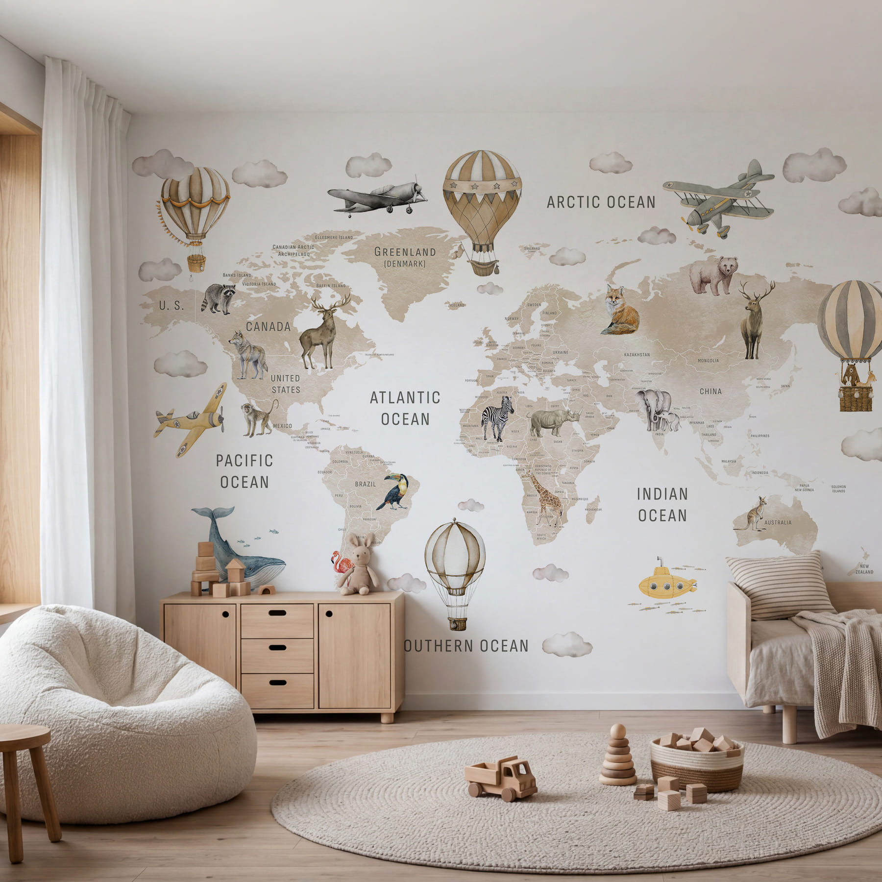 Mappa del mondo con animali e mongolfiere Mappa del mondo con animali e mongolfiere
