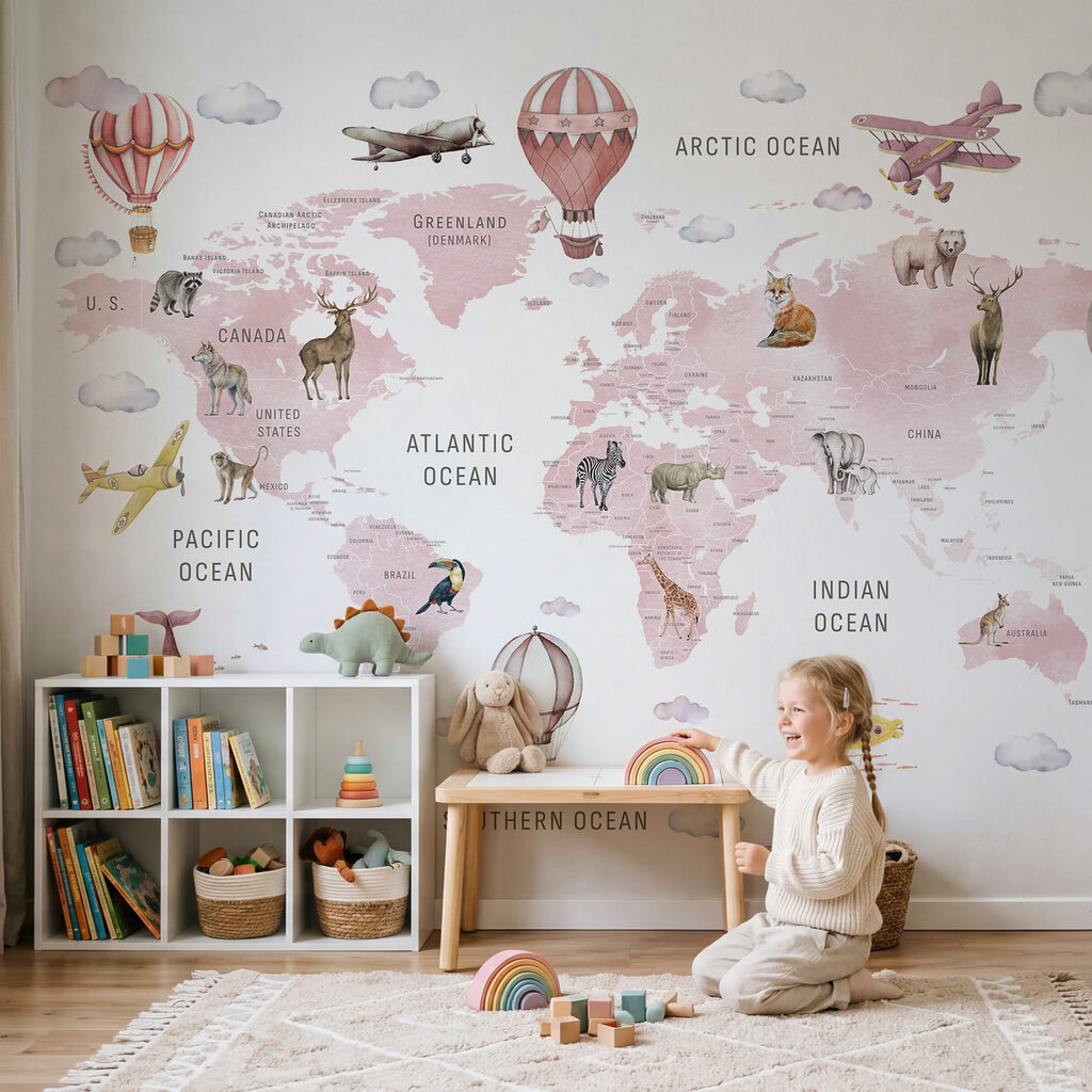 Mappa del mondo con animali e uccelli Mappa del mondo con animali e uccelli