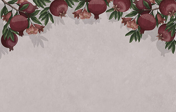 Wallpaper with a pattern of red fruits and flowers