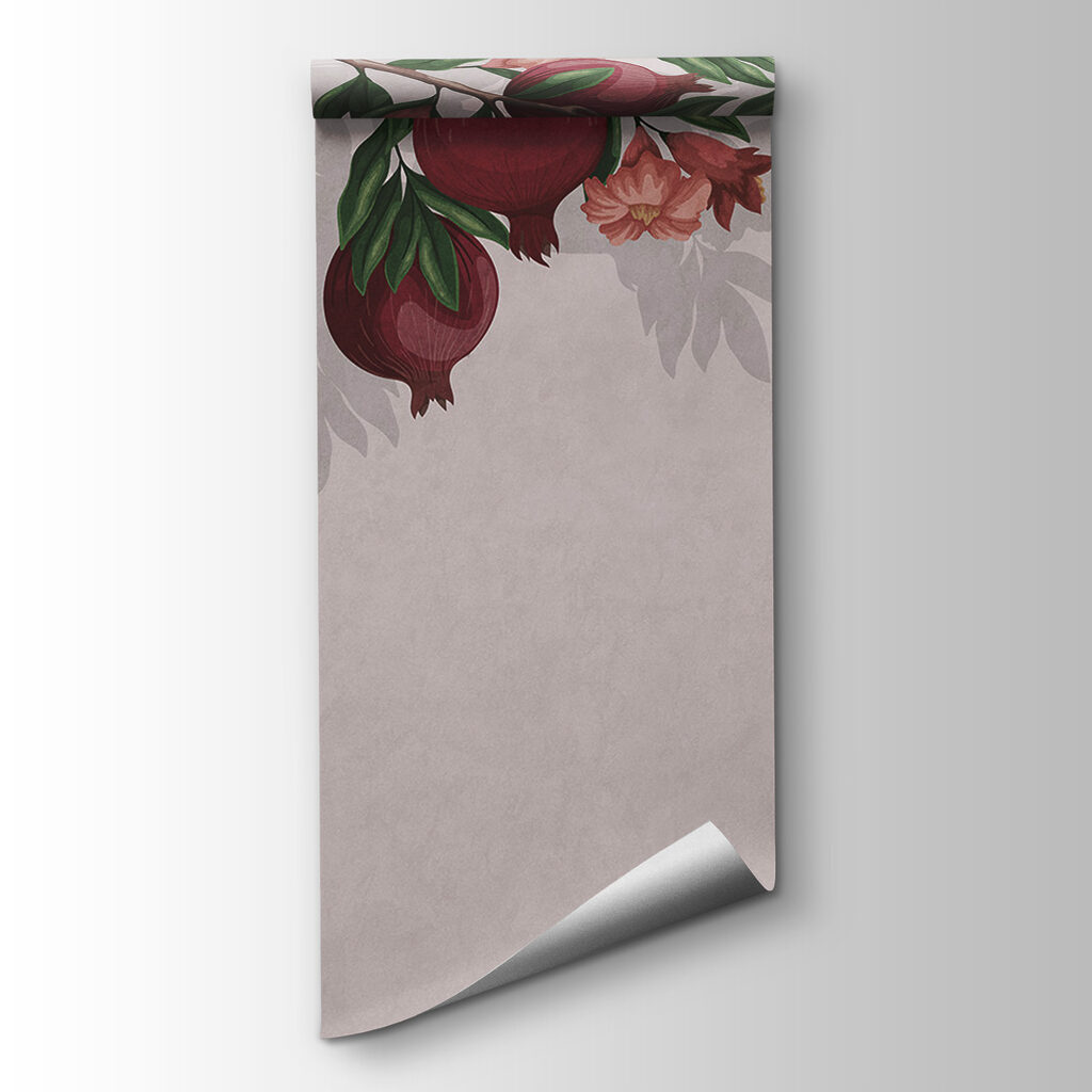 Wallpaper with a pattern of red fruits and flowers