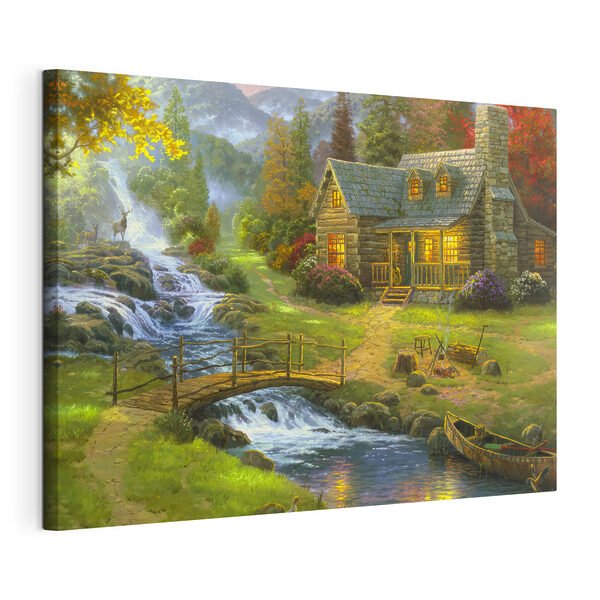 Quadri Un dipinto raffigurante una capanna di legno con un ponte sul fiume (COD: s15144) Quadri Quadri Un dipinto raffigurante una capanna di legno con un ponte sul fiume (COD: s15144)