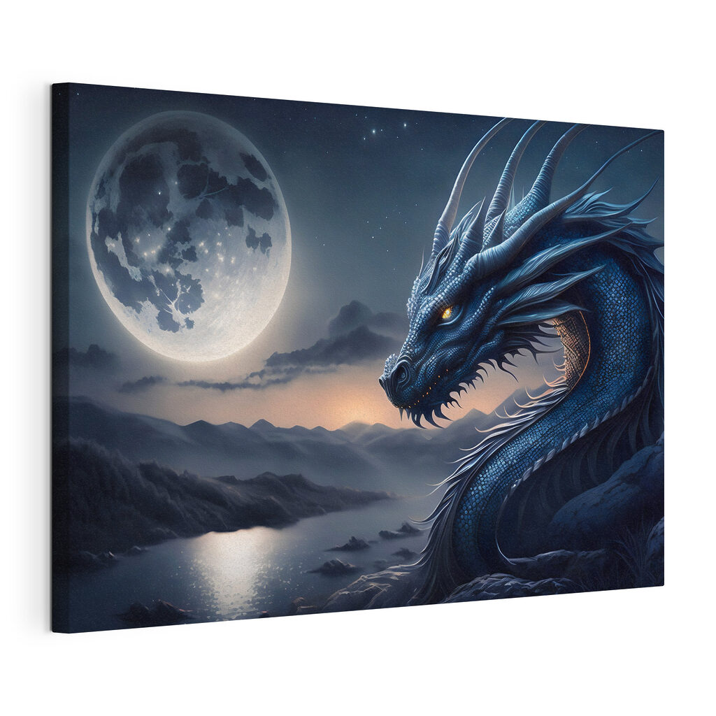 A blue dragon with a moon in the background