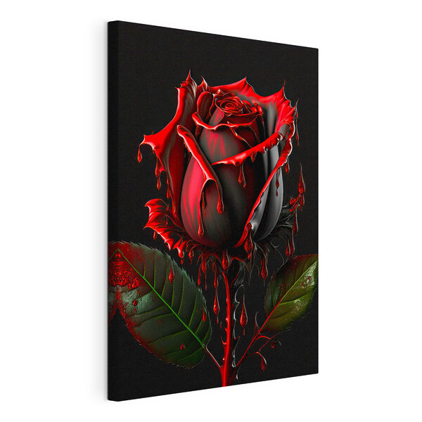 Quadri Quadri Una rosa rossa con foglie verdi e vernice rossa che cola (COD: s33709)