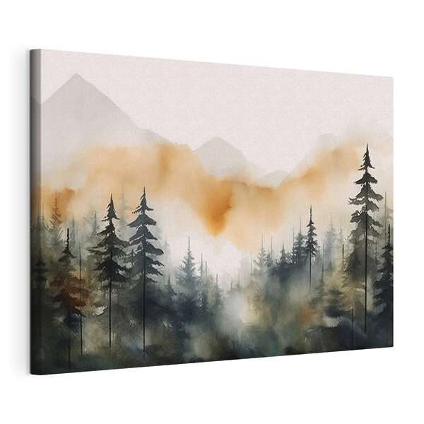 Quadri Quadri Un acquerello raffigurante una foresta con le montagne sullo sfondo (COD: s36008)