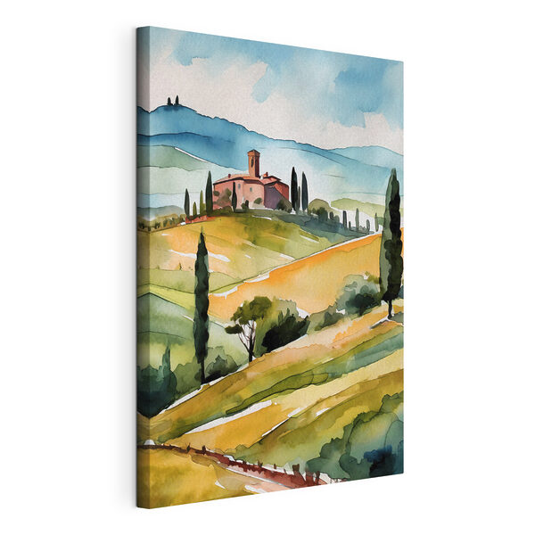 Acquerello raffigurante una casa su una collina circondata da alberi e colline Quadri Acquerello raffigurante una casa su una collina circondata da alberi e colline
