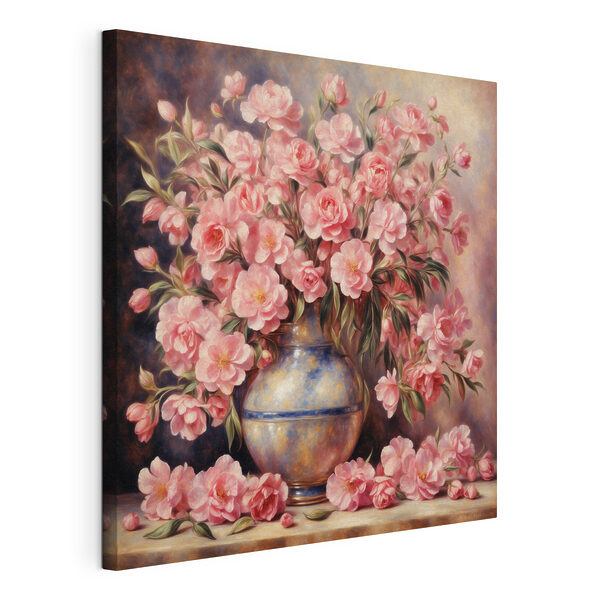 Un dipinto raffigurante dei fiori rosa in un vaso Quadri Un dipinto raffigurante dei fiori rosa in un vaso