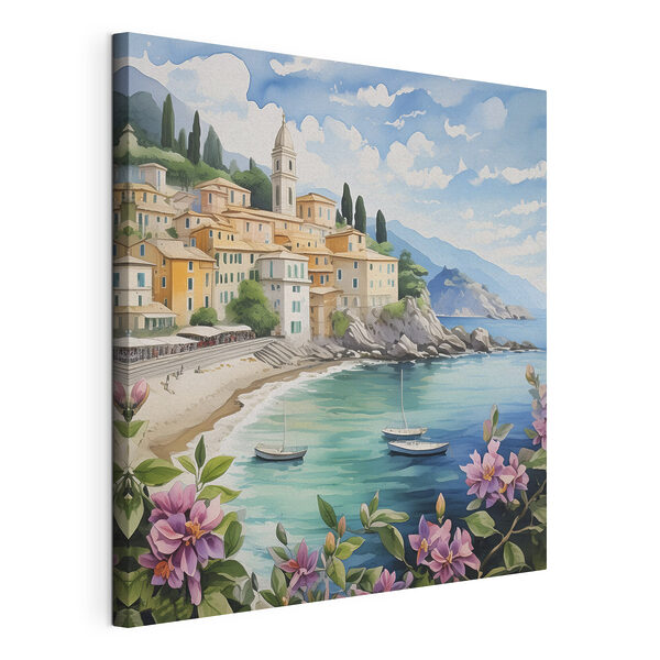 Quadri Un dipinto che raffigura una cittadina sulla spiaggia con barche e fiori (COD: s39299) Quadri Quadri Un dipinto che raffigura una cittadina sulla spiaggia con barche e fiori (COD: s39299)