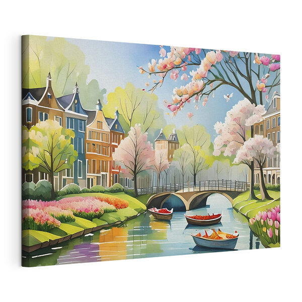 Quadri Quadri Un dipinto raffigurante un fiume con delle barche, un ponte e degli alberi (COD: s39301)