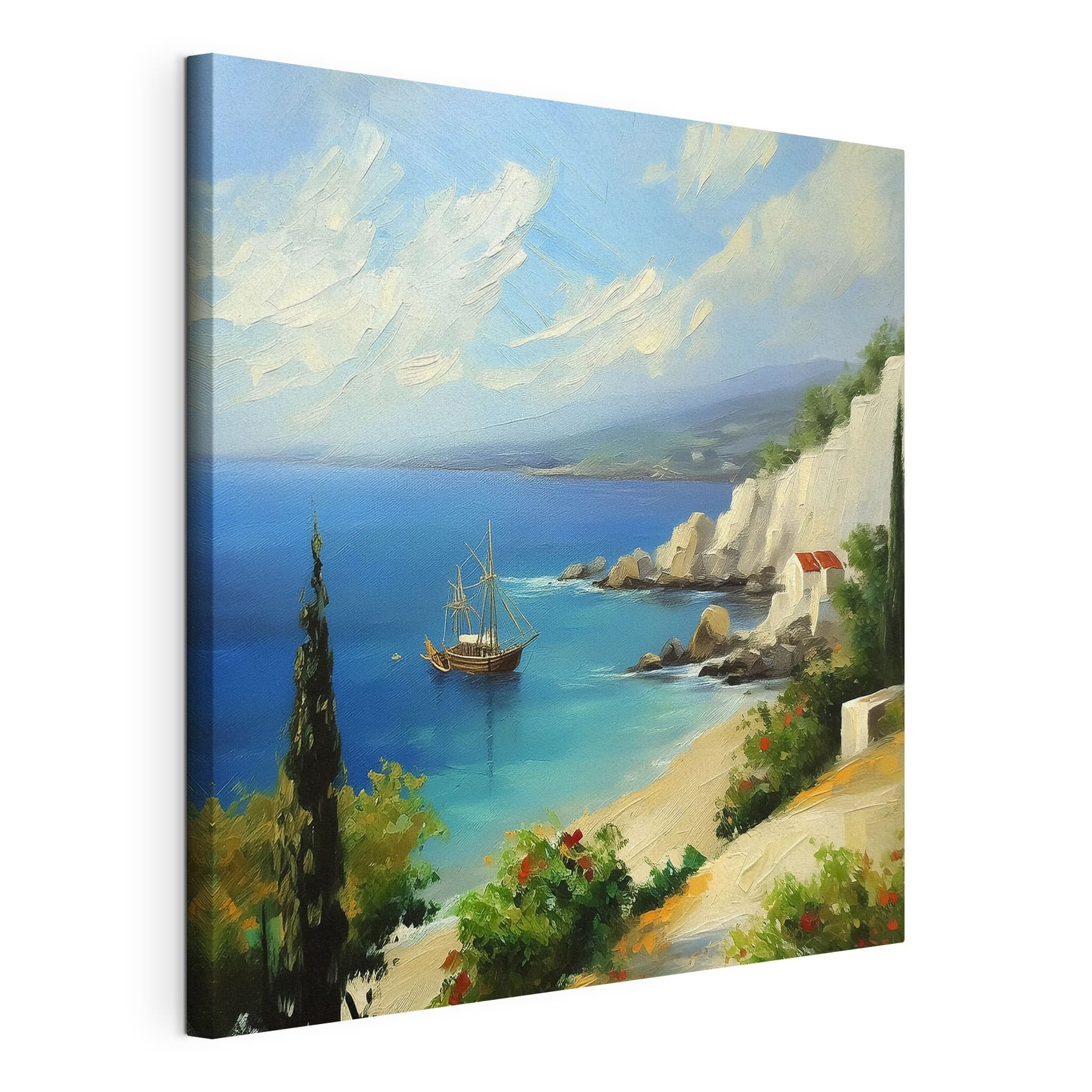 A painting of a boat in the water