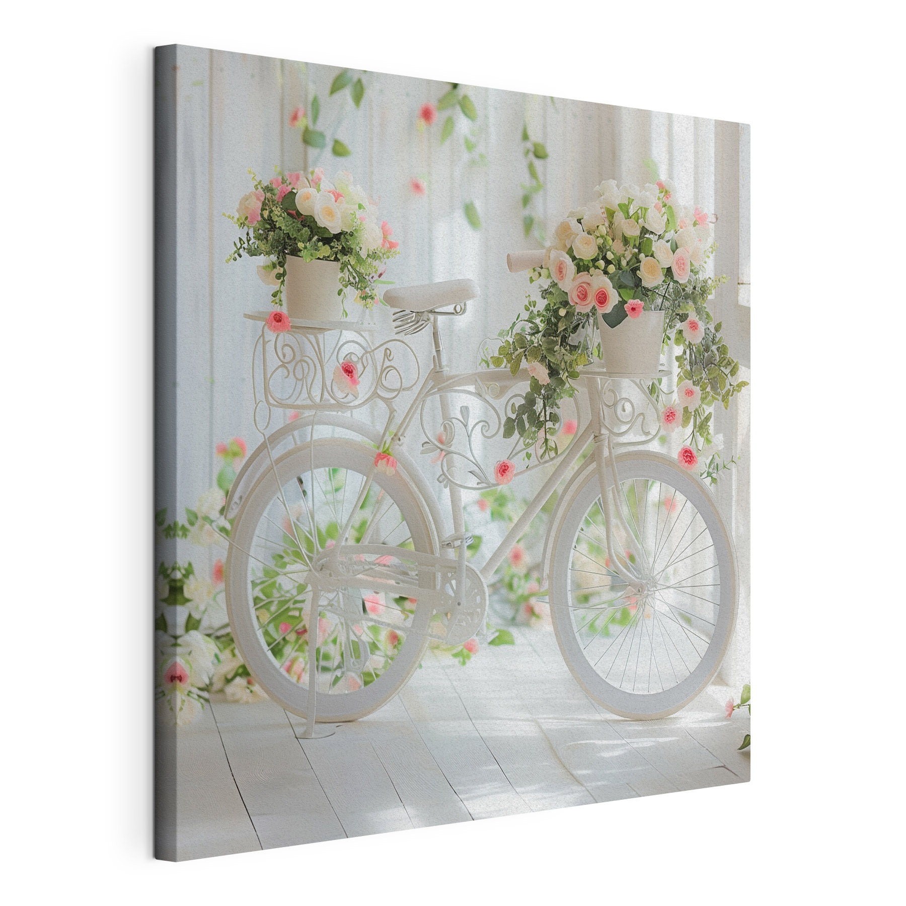 White bicycle with flowers on it White bicycle with flowers on it