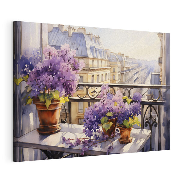 Quadri Watercolor painting of a balcony with purple flowers (COD: s39931)