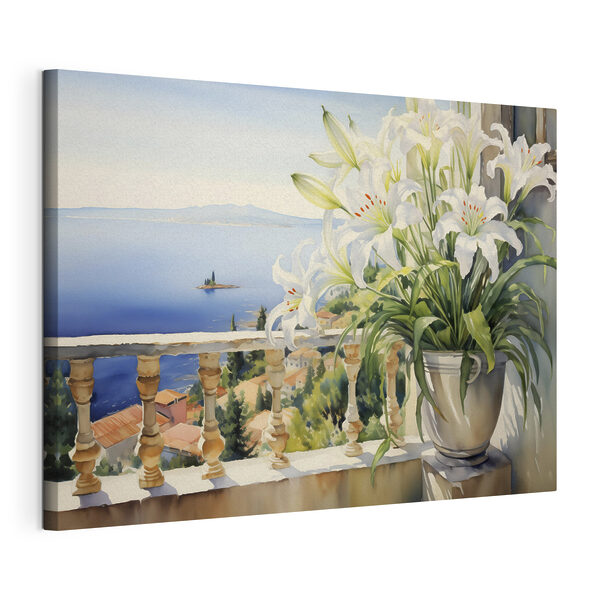 Quadri Quadri Dipinto raffigurante un balcone con vista sulla città e sul mare (COD: s39932)