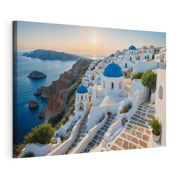 Quadri Edifici bianchi con cupole blu su una collina, con uno specchio d'acqua sullo sfondo