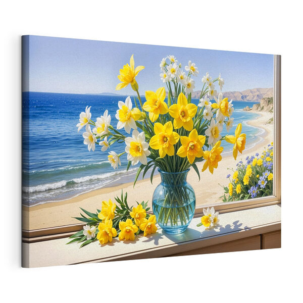 Vaso con fiori gialli e bianchi sul davanzale della finestra Quadri Vaso con fiori gialli e bianchi sul davanzale della finestra