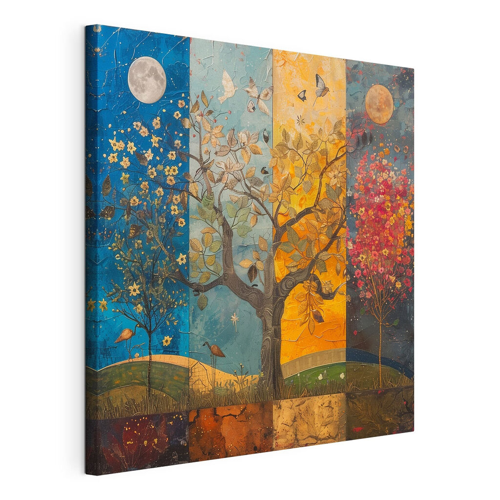 Painting of a tree with different colors of trees and birds