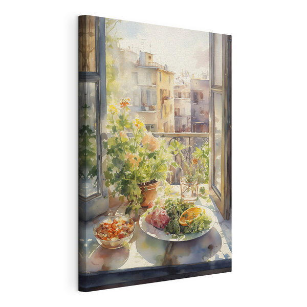 Quadri Quadri Acquerello raffigurante un tavolo con cibo e fiori davanti a una finestra (COD: s41166)