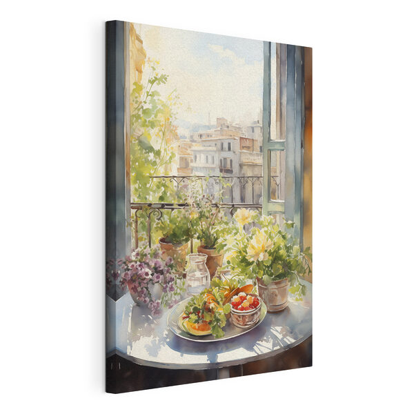 Quadri Quadri Acquerello raffigurante fiori e frutta su un tavolo davanti a una finestra (COD: s41168)