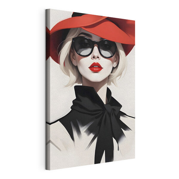 Una donna con un cappello rosso e gli occhiali da sole Quadri Una donna con un cappello rosso e gli occhiali da sole