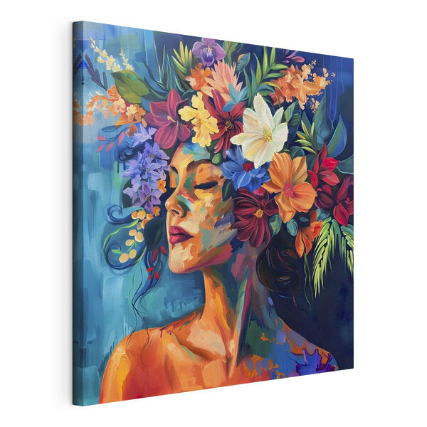 Un dipinto raffigurante una donna con dei fiori tra i capelli Quadri Un dipinto raffigurante una donna con dei fiori tra i capelli