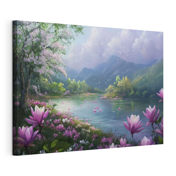 Quadri Quadri Fiume con fiori e montagne sullo sfondo (COD: s41629)
